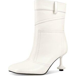 Women White Ankle Boots Square Petal Toe Sexy Shaped High Heel Fall Work Boot